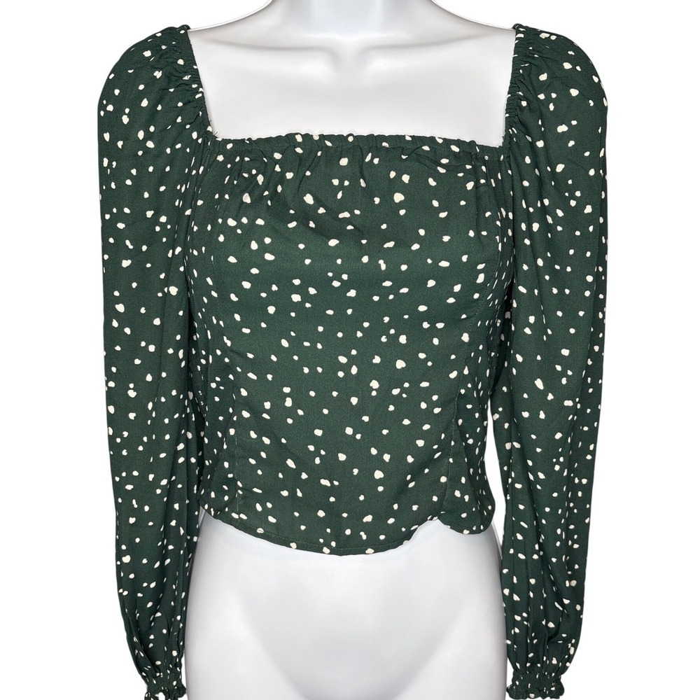 ABERCROMBIE & FITCH Womens Green Polka Dot Puff Sleeve Top XS Cottagecore Boho